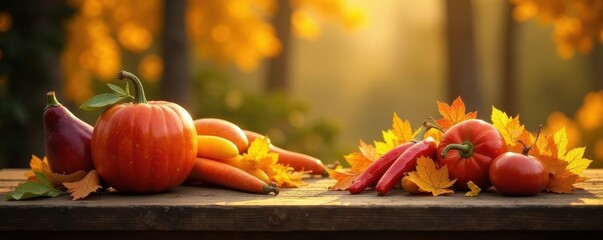 Warm light falls on a bountiful harvest table, autumn leaves, nature background, autumnal colors
