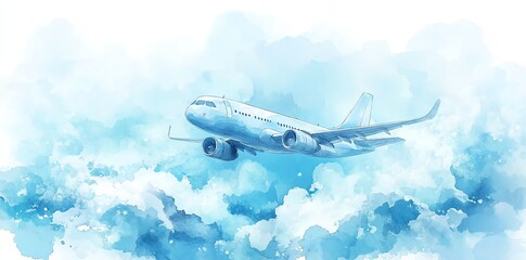 Airplane Flying in Clouds Watercolor Illustration for Travel or Aviation
