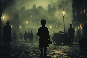 A poor boy on a gloomy Victorian city street