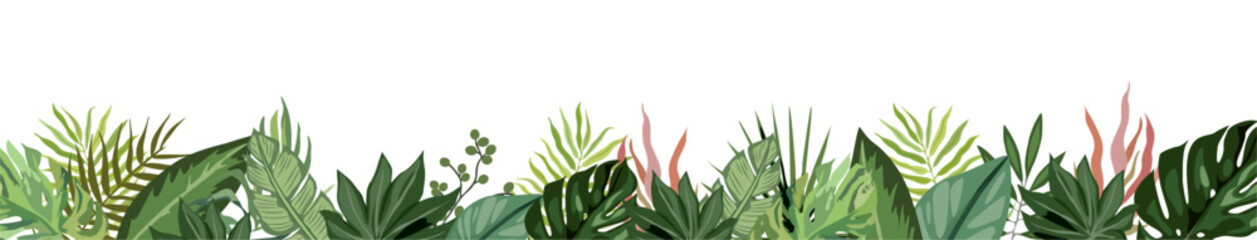 Tropical leaves and branches border. Trendy botanical illustration. Greenery for wedding invitation, greeting cards, decoration, stationery design. Vector art Isolated 