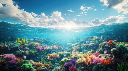 Naklejka premium Ocean acidification idea. Vibrant underwater scene showcasing colorful coral reefs and clear blue water.