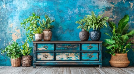 Shabby Chic Chest of Drawers with Antique Finish and Greenery