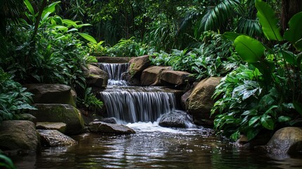 Naklejka premium A serene jungle scene featuring a gently flowing stream meandering through rugged rock formations. Lush green foliage and dense vegetation frame the cascading waters, creating a peaceful and untouched