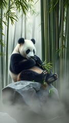 Obraz premium A Peaceful Giant Panda Resting on a Rock in the Heart of a Misty Bamboo Forest