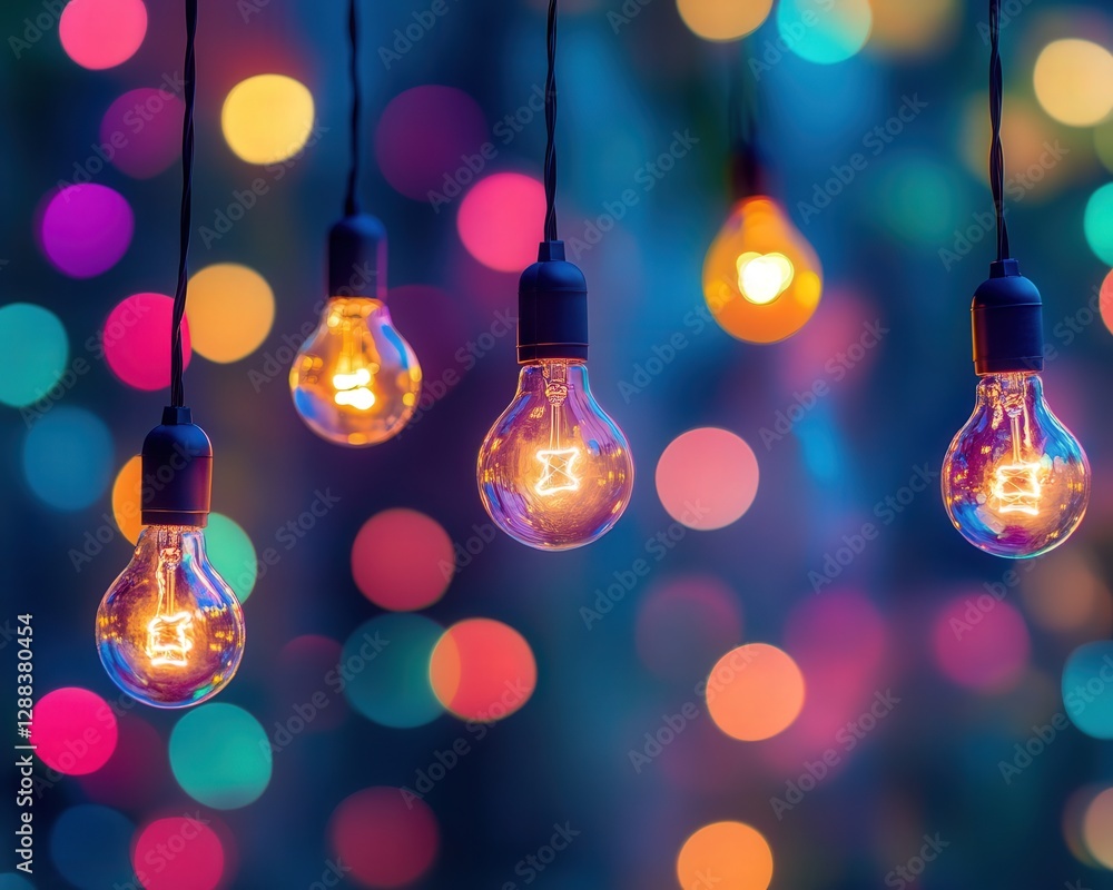 Poster multiple light bulbs surrounded by a soft bokeh blur of colors, adding a magical and creative touch 