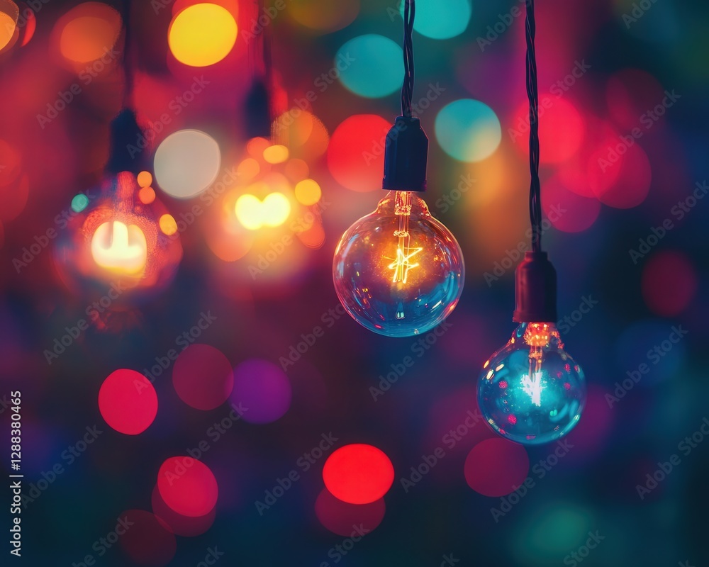 Poster multiple light bulbs surrounded by a soft bokeh blur of colors, adding a magical and creative touch 
