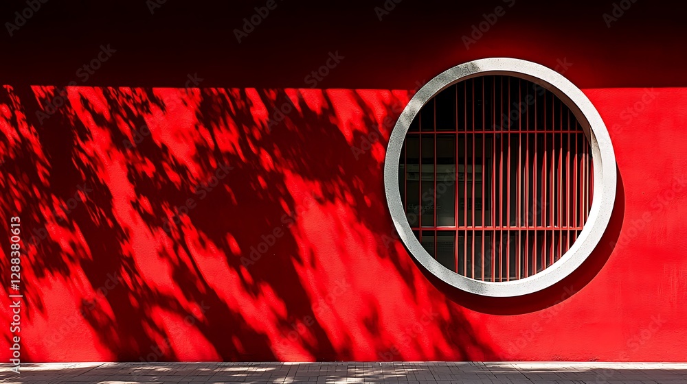 Poster Red wall with circular window and tree shadow