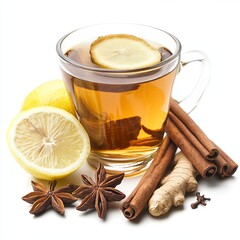 Glass of tea with ginger, lemon, cinnamon sticks and star anise isolated on white background.