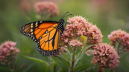 Obraz premium Majestic Monarch Butterfly Pollinating Milkweed in a Sunlit Field
