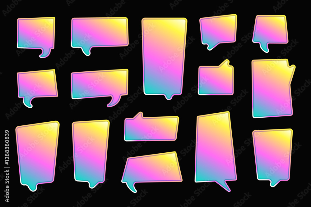 Poster gradient bright text boxes and speech bubbles, bold frames, stickers and backgrounds for text. comic