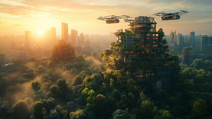 Futuristic Cityscape At Sunset Aerial View Of Green Buildings And Flying Vehicles With Warm Light