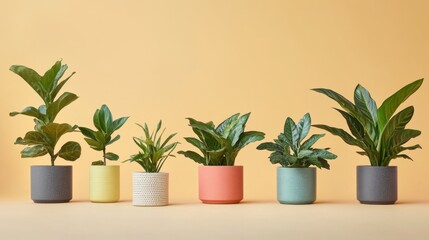 Obraz premium Green houseplants in stylish pots displayed beautifully on a pastel-hued background, top-down aesthetic
