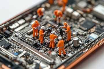tiny workers fix a smartphone