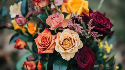 Lush floral bouquet featuring an arrangement of warm-toned roses in orange, red, and yellow hues on a soft background
