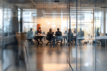 Fototapeta premium Abstract blur image of Business people walking at modern hallway with bokeh for background usage