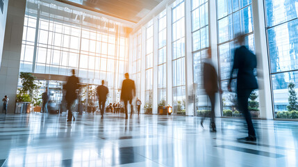 Abstract blur image of Business people walking at modern hallway with bokeh for background usage