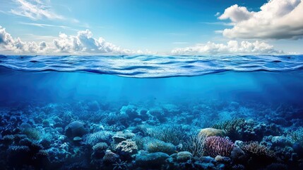 Obraz premium Ocean acidification idea. Vibrant underwater scene showcasing a colorful coral reef and clear blue water.