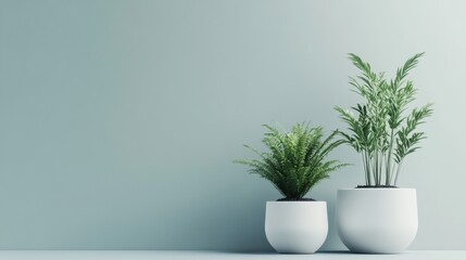Minimalist arrangement of ornamental potted plants on a solid soft-colored background, modern style