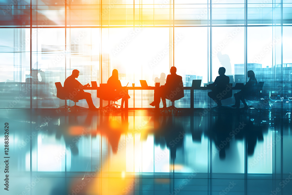 Wall mural abstract blur image of business people walking at modern hallway with bokeh for background usage