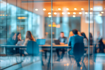 Abstract blur image of Business people walking at modern hallway with bokeh for background usage