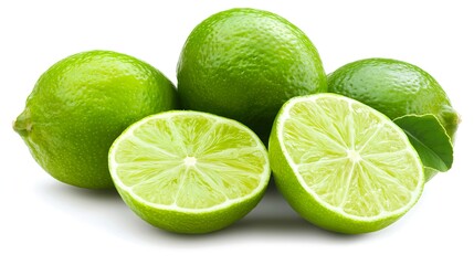 Vibrant Whole Limes on White Background with Fresh Cut Half