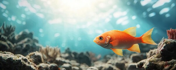 Naklejka premium Ocean acidification idea. A vibrant goldfish swimming gracefully through a colorful underwater environment.