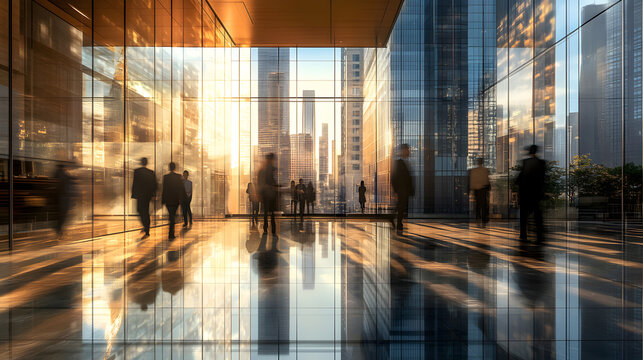 Abstract blur image of Business people walking at modern hallway with bokeh for background usage