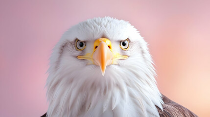 Obraz premium Bald eagle portrait, intense gaze, pink background, wildlife photography, for conservation awareness