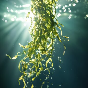 green seaweed ulva lactuca algae swing underwater with bubbles.