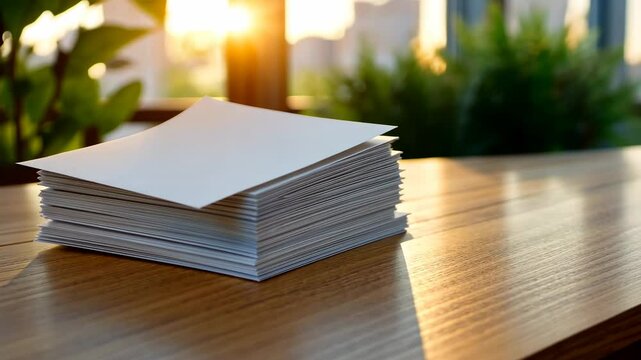 Stack of blank papers on a wooden table with sunlight streaming through a window, creating a serene atmosphere