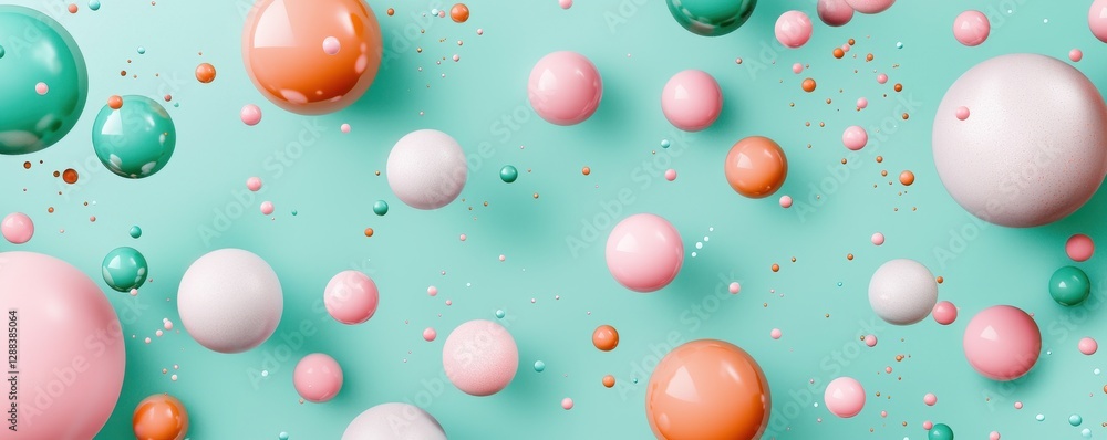 Poster pastel colored spheres floating on aqua background abstract 3d render of glossy bubbles
