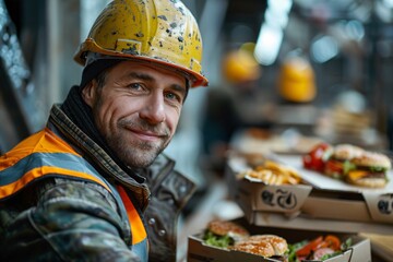 A construction worker smiles while sitting on a makeshift bench at a construction site, enjoying a meal. Surrounding him are boxes of food, showcasing a variety of burgers and fries