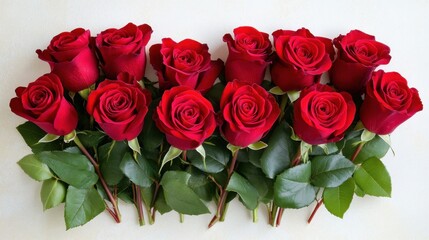 Obraz premium Romantic bouquet of deep red roses arranged on a creamy white background, top view
