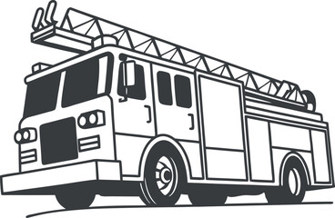 Retro Vintage Minimalist Vector Illustration of Firefighter Truck Vehicle, Lined Icon Design, Classic Emergency Rescue Fire Engine, Monochrome Fire Truck Symbol, Stylish Fire Department Graphic