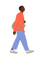 Black man walking side view. African american man in smart casual outfit. Stylish guy in modern street fashion look. Cartoon male character. Vector realistic illustration isolated