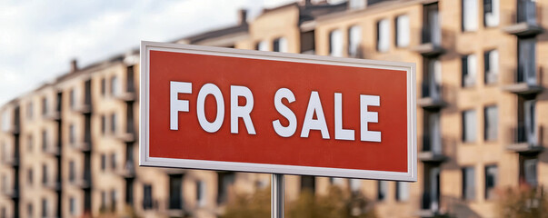 Obraz premium For sale sign in front of urban apartment block