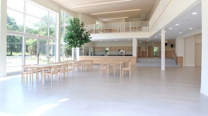 Modern open-plan community center with natural light and wooden furniture