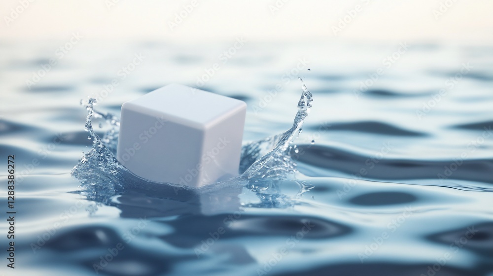 Poster white cube splashing in clear water creating water droplets and ripples, simple and minimalist conce