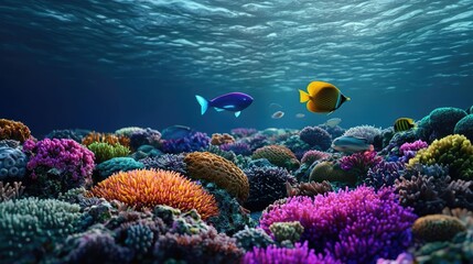Ocean acidification concept. Vibrant coral reef bustling with colorful fish in serene underwater landscape.