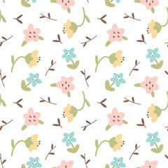 Fresh flowers branches and buds vector seamless continuous print pattern, wallpaper, background, home textile print, seamless pattern, hand drawn pattern.