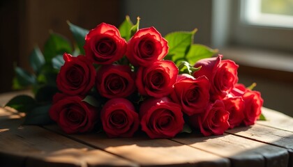 Elegant Bouquet of Red Roses on a Wooden Table in Sunlight