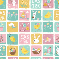 Cute hand drawn Easter seamless pattern with bunnies, flowers, easter eggs, beautiful colorful background, great for Easter Cards, banner, textiles, wallpapers - vector design