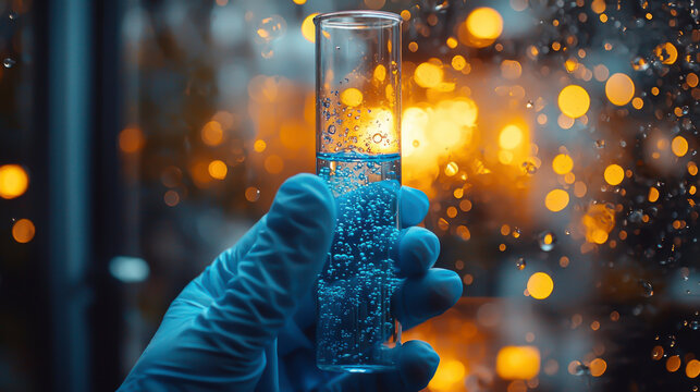 Close-up of a test tube filled with bubbling blue liquid, showcasing a lab technician's hand in a high-tech research environment