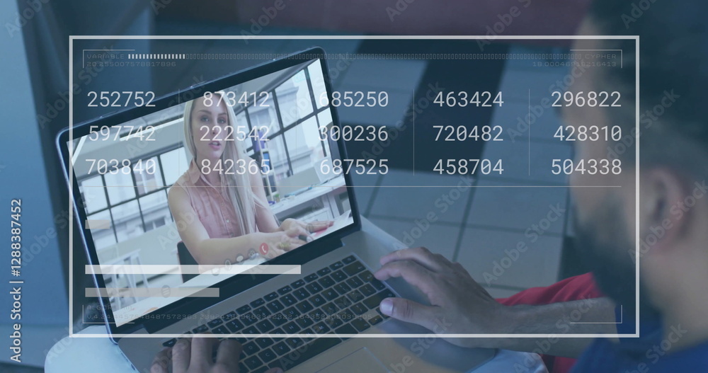 Poster image of data processing over caucasian businessman using laptop for image call in office