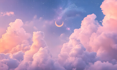 A dreamy night sky with a crescent moon, Generative AI