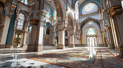 Fototapeta premium Majestic Mosque Interior with Grand Architectural Details, Sunlight Streaming Through Ornate Windows, Reflecting on Polished Marble Floors, Creating a Serene and Spiritual Atmosphere for the Upcoming 