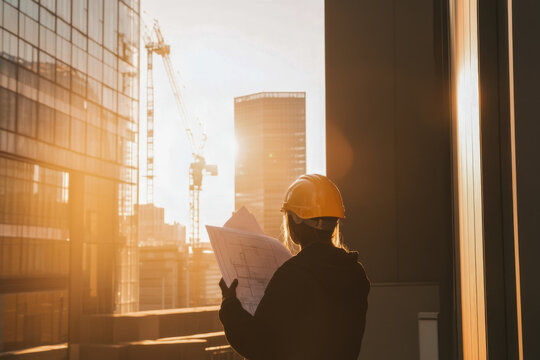 A construction manager in a hard hat reviews building plans while standing on a high-rise balcony at sunset. Cranes and modern buildings create a dramatic backdrop. Generative AI
