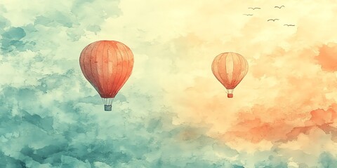 Obraz premium Hot Air Balloons Soaring Above Watercolor Sky with Birds Illustration