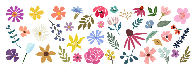 Set of hand drawn floral design elements, abstract shapes. Wild and garden flowers, leaves. Contemporary modern vector botanical art illustrations in trendy bright colors isolated