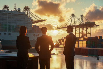 Three business professionals stand by the waterfront, watching cargo operations at a busy port as a stunning sunset paints the sky in warm colors. Generative AI